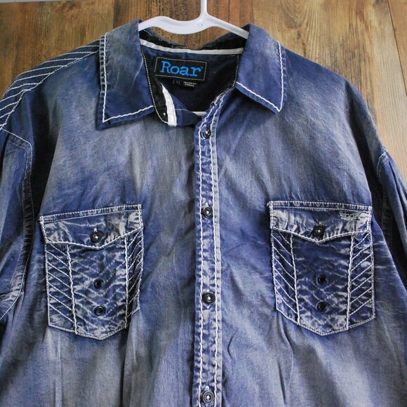 Roar Signature Button Down Embroidered Shirt Blue Men's XL - Picture 2 of 4